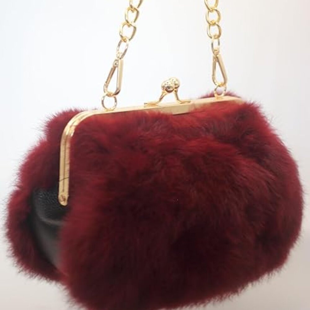 Neiman Marcus Red Rabbit Fur Multicolor Print Clutch Bag